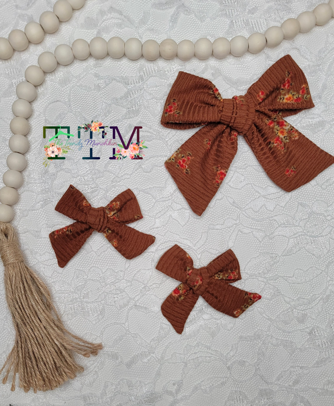 Brown Floral Dainty Bow (on clips)
