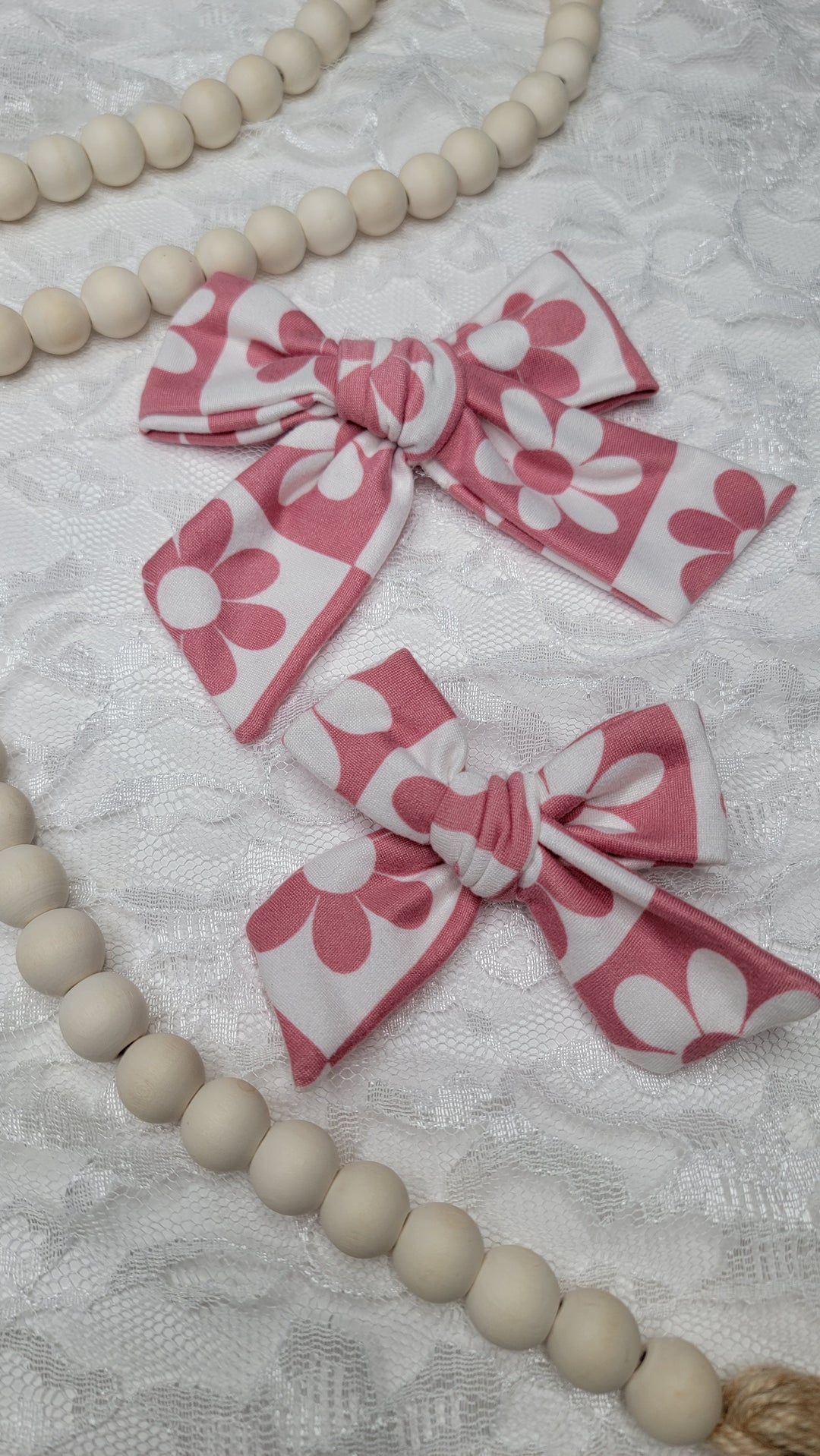 Mauve Floral Checked Dainty Bow (on clips)