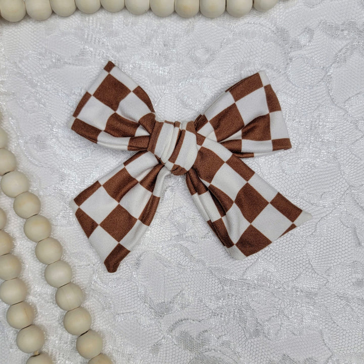 Brown Checked Dainty Bow (on clips)